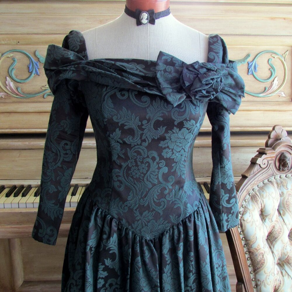 JESSICA McCLINTOCK BROCADE DRESS, 6, DARK GREEN OFF-SHOULDER ROMANTIC VINTAGE - Picture 7 of 13